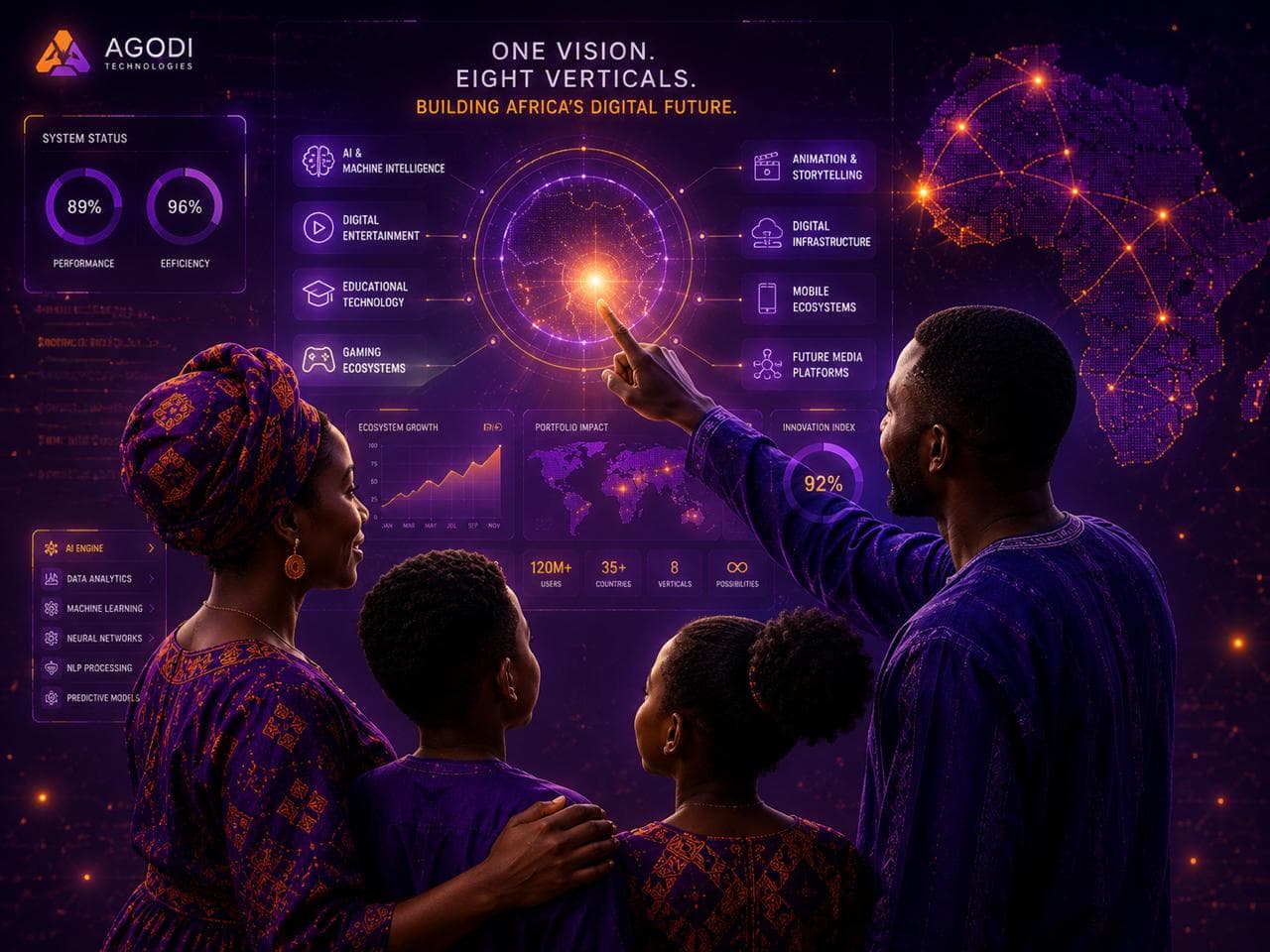 An African technologist interacting with a futuristic AI dashboard — Agodi Technologies engineering Africa's digital future