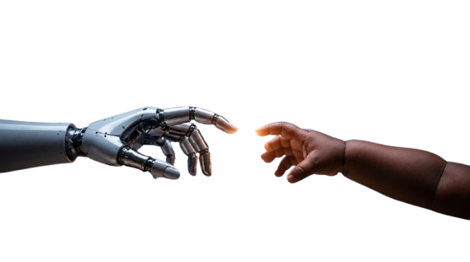 A robotic hand and a child's hand reaching toward each other